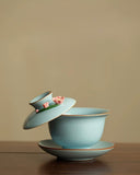 Hand-Sculpted "Azure Petals" Ru Ware Floating Sancai Gaiwan