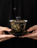 Gold-Lined Peony Ceramic Gaiwan - High-End Anti-Scald Teaware